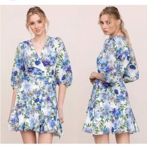 Anthropologie Yumi Kim Love Wins Floral Puff Sleeves Wrap Dress Silk Size S Blue